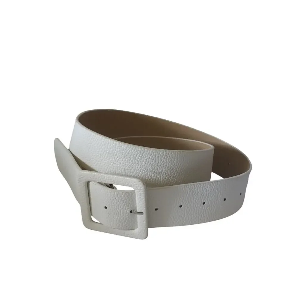 Wide White Textured Waist Belt Statement Buckle Modern Minimalist OS